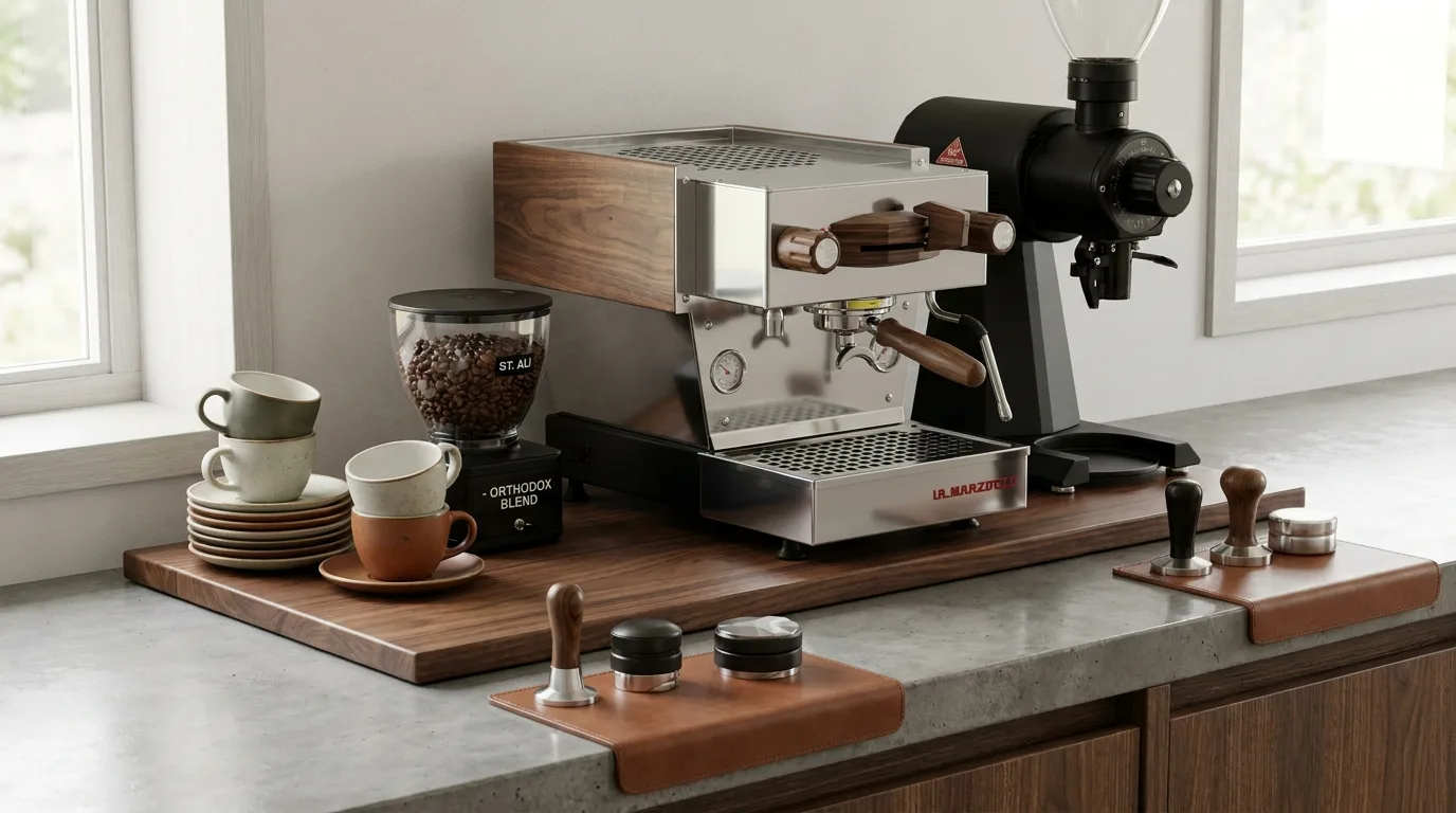 Kitchen coffee and pastry station with coffee maker, mugs, bread box, and pastries