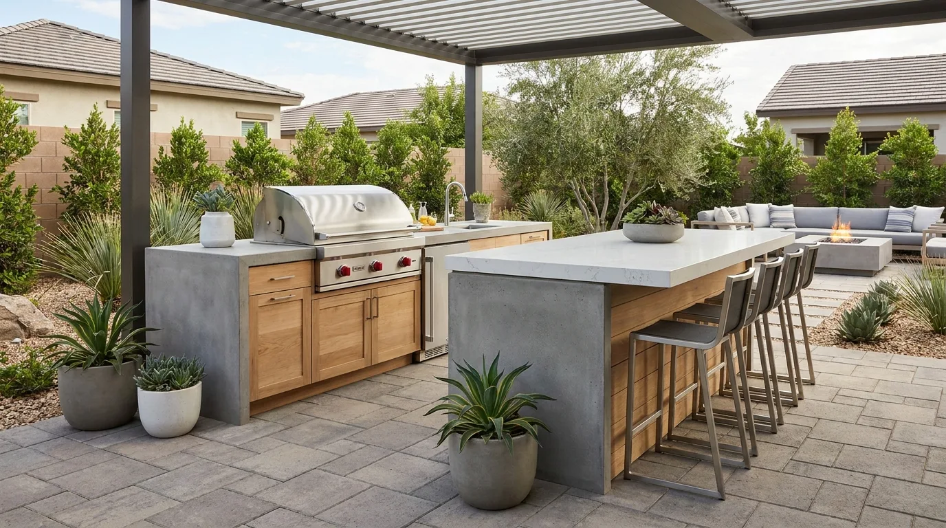 Outdoor kitchen blended naturally into lush backyard landscaping and garden plants