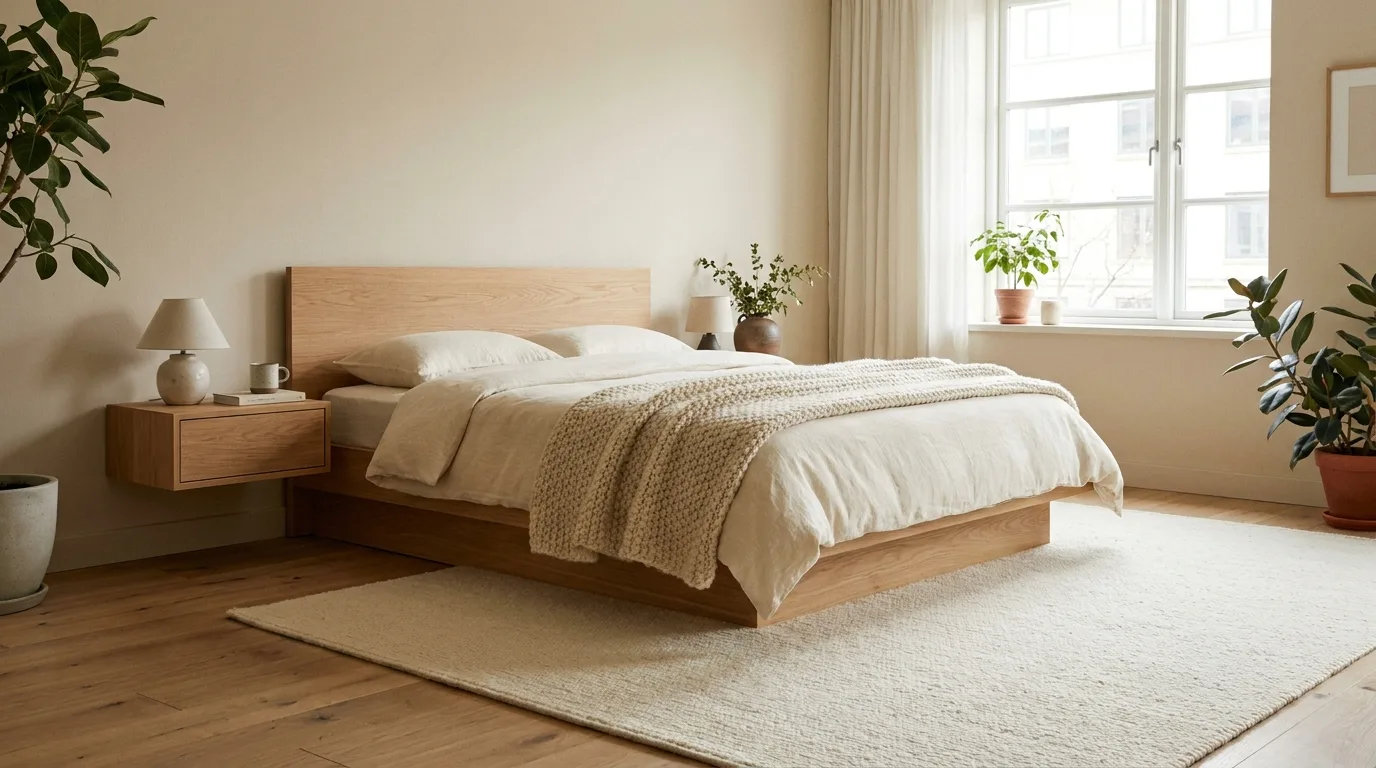 Monochromatic beige minimalist bedroom with layered neutral tones and textures