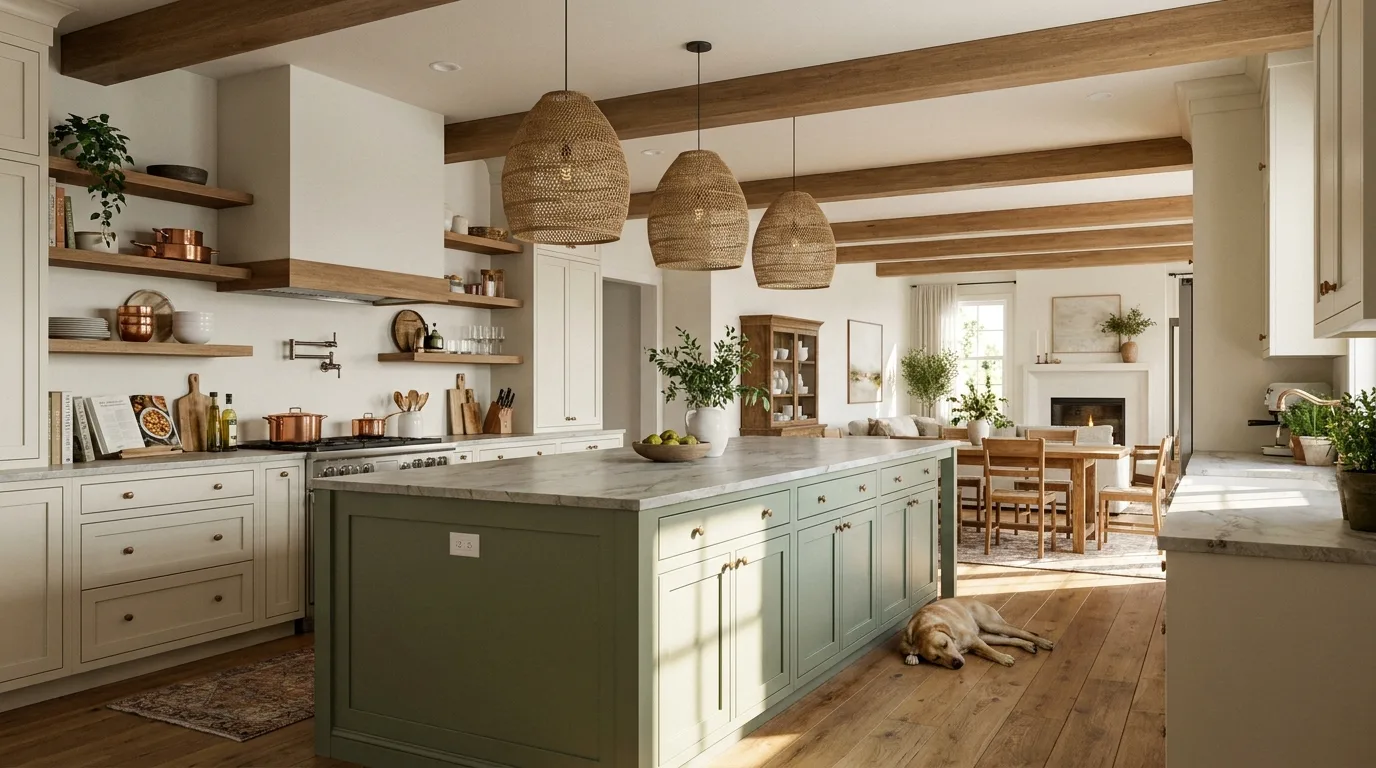 Sage green kitchen with natural wood open shelves and curated dishes