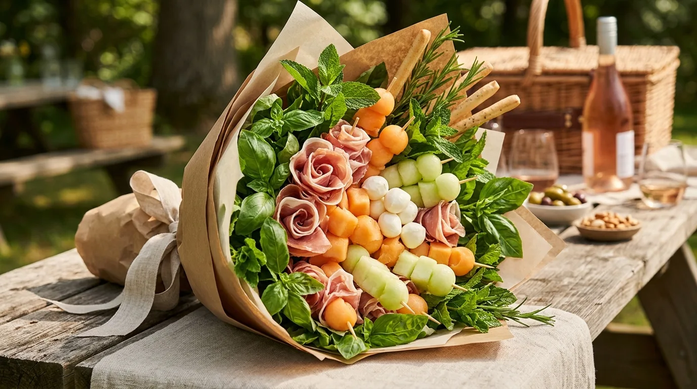 Vegetable and charcuterie bouquet with colorful fresh produce and cured meat
