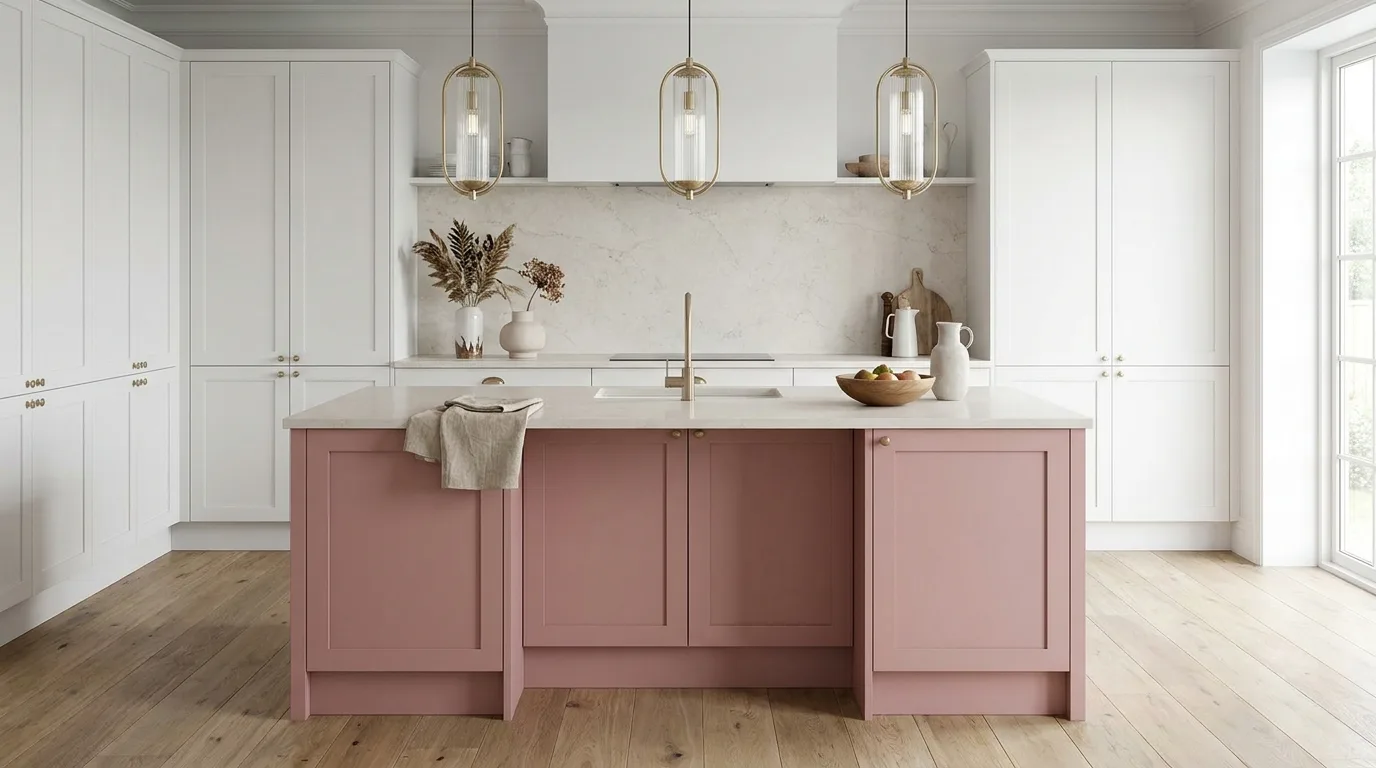 Dusty pink and sage green kitchen with natural wood accents