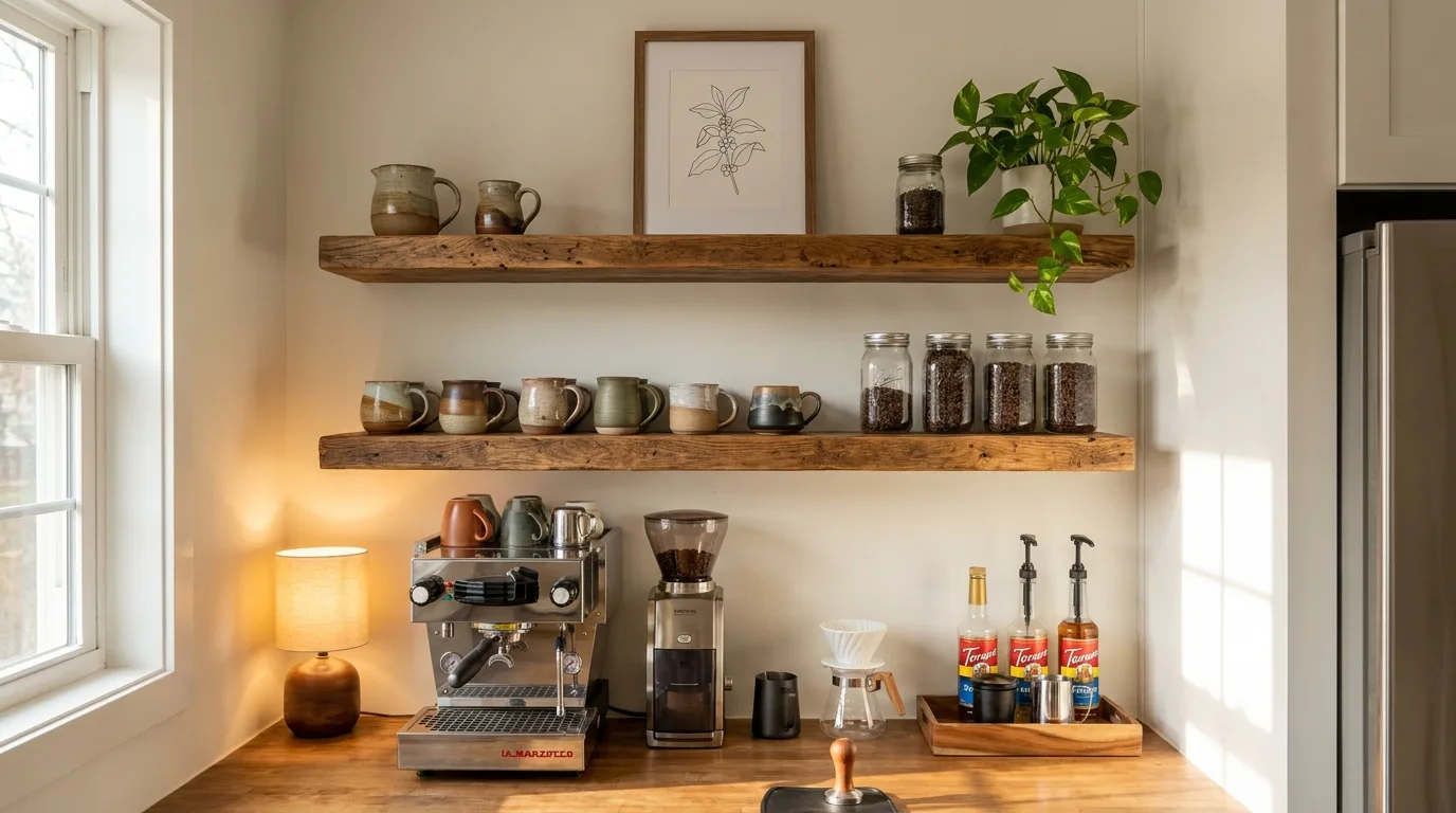 Moody coffee bar with dark cabinetry, wood, brass accents, and warm lighting