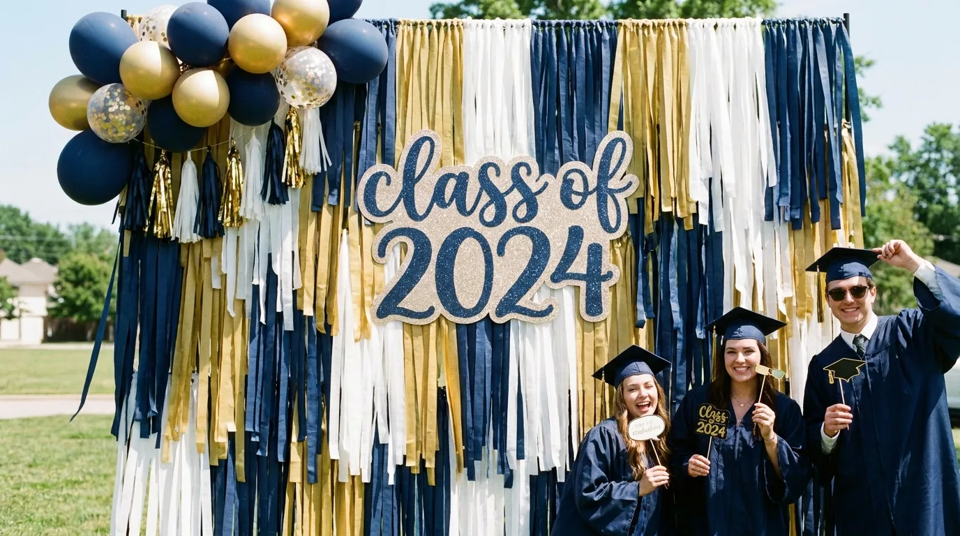 Greenery and wooden sign graduation backdrop