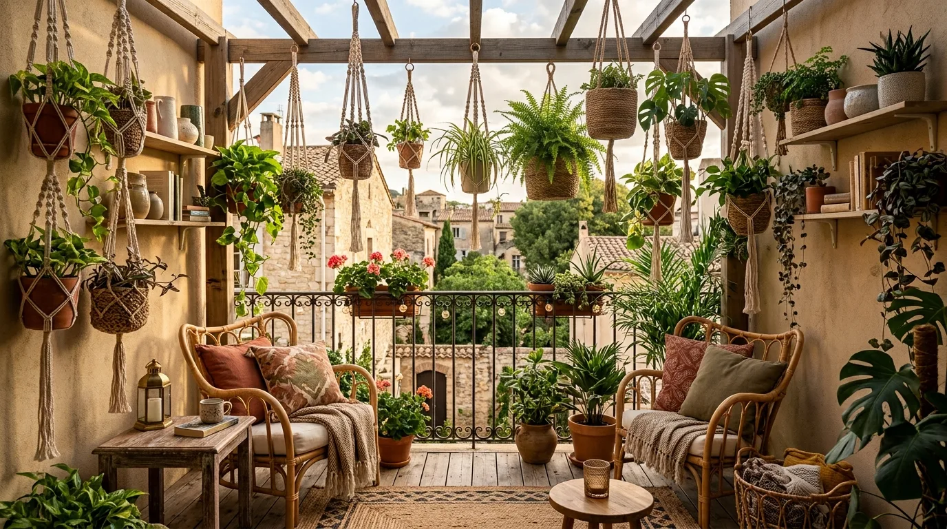 Cozy bohemian balcony reading nook with lounge chair and plants