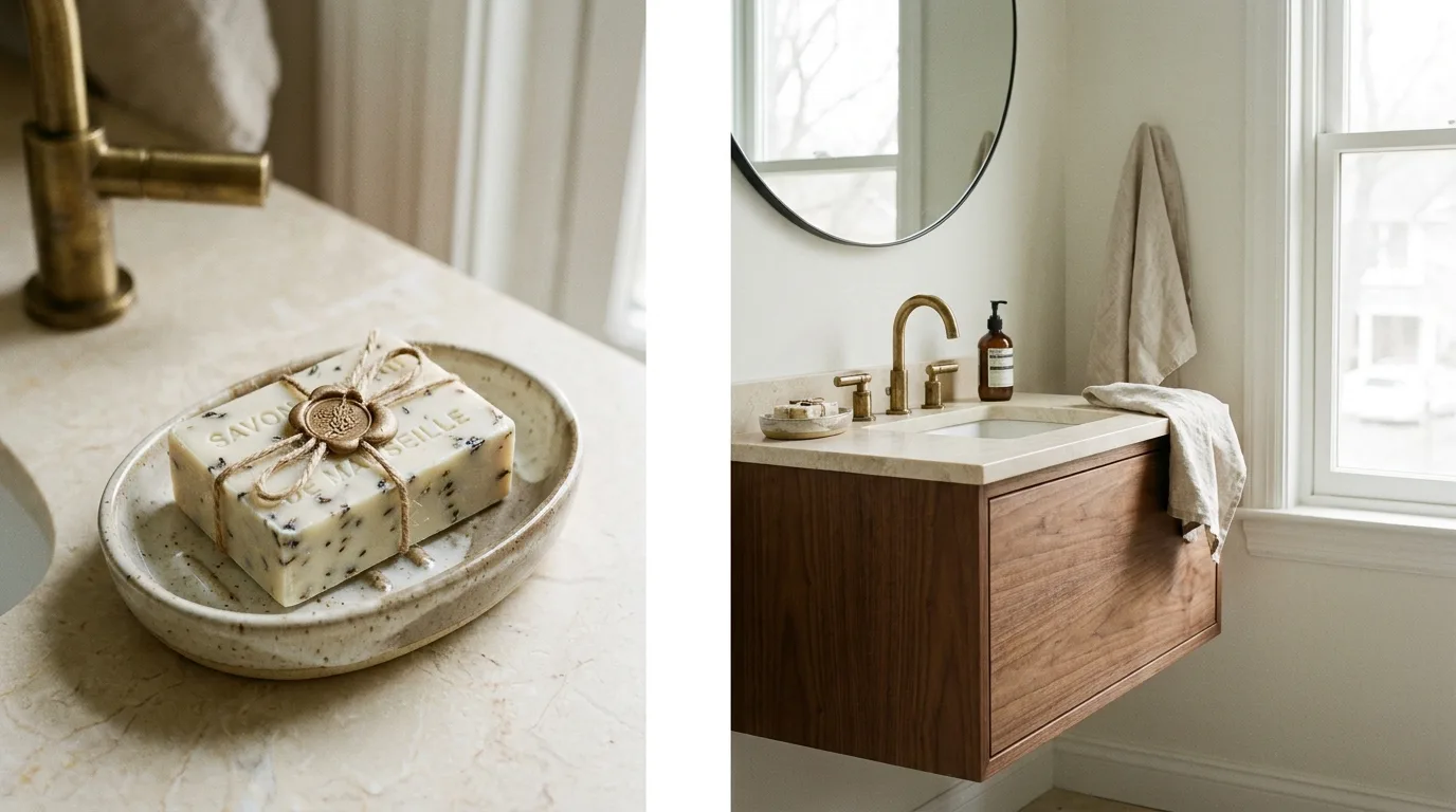 Small decorative mirror used as a bathroom counter accent