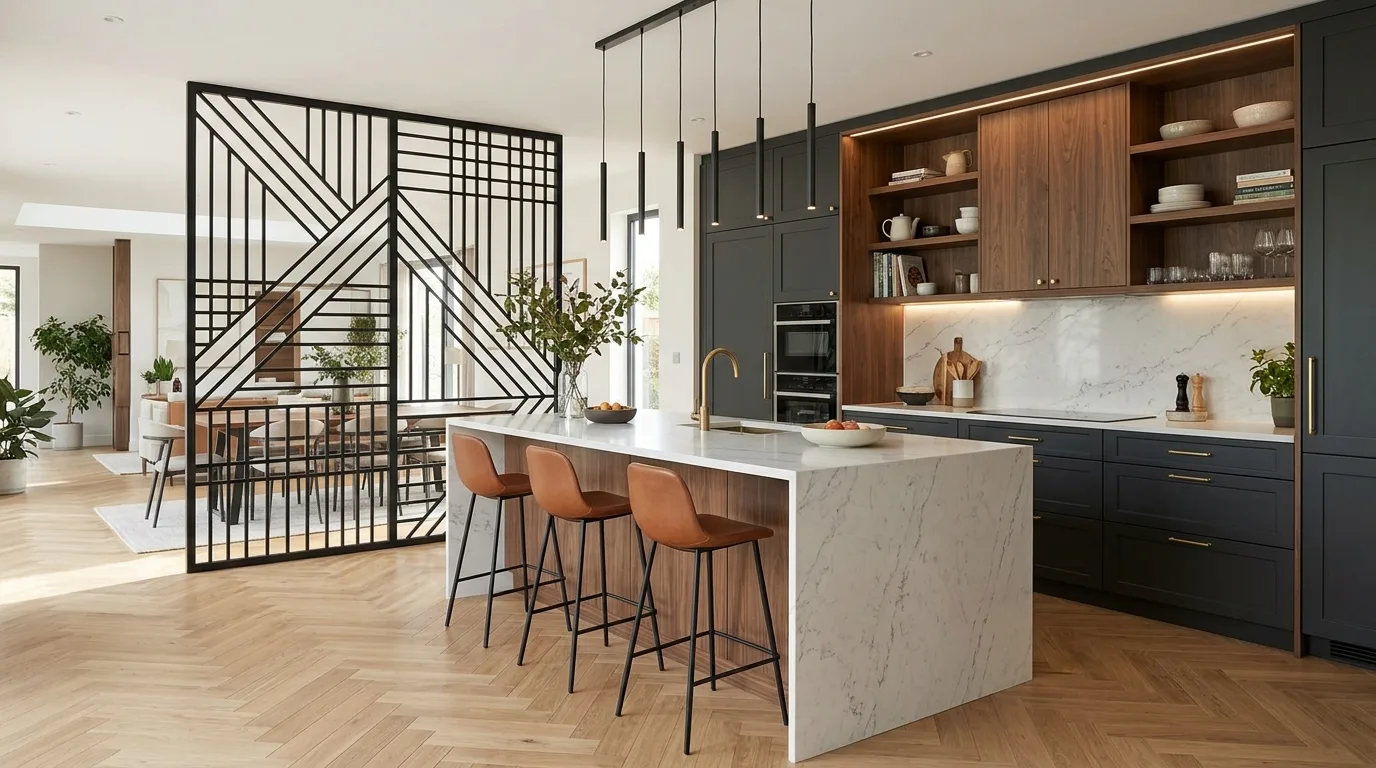 Ceiling-height kitchen partition combining glass and wood