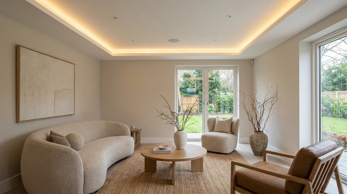 Modern living room with a false ceiling and strategically placed recessed spotlights
