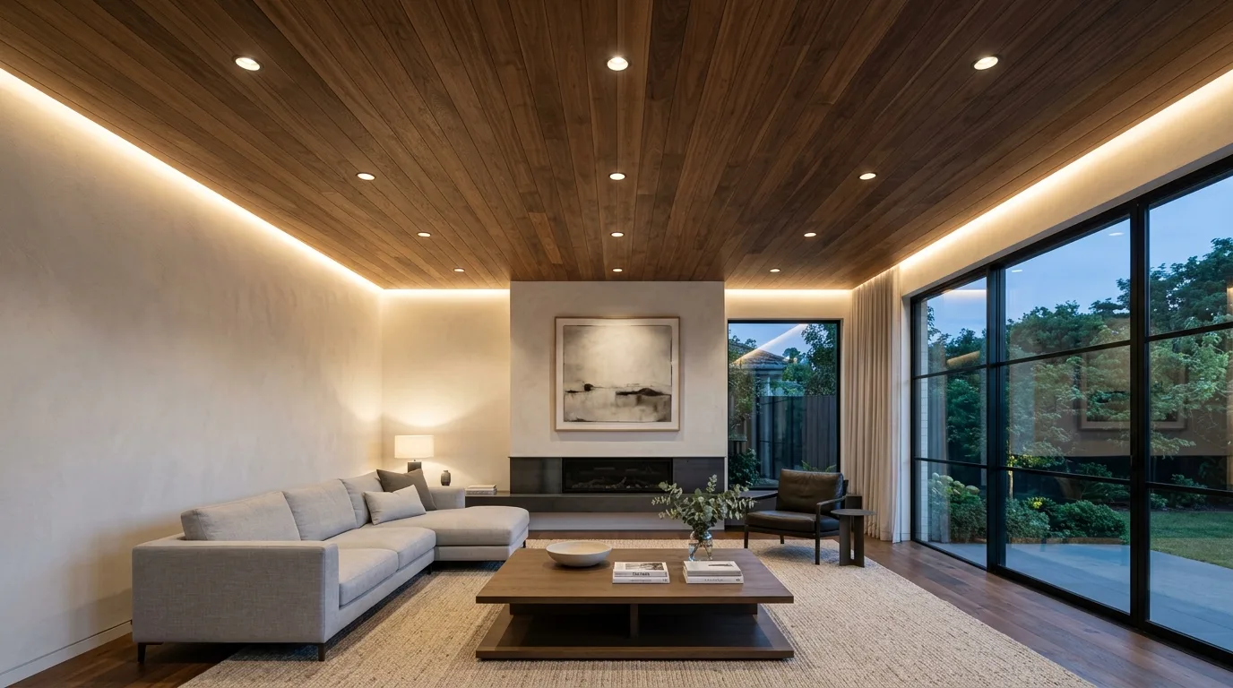 Light oak wooden false ceiling in a bright minimalist bedroom