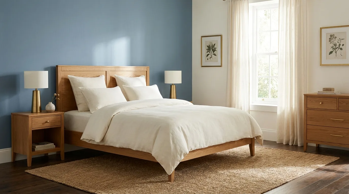 Stylish bedroom with royal blue and soft cream walls, light wood furniture, and elegant bedding.