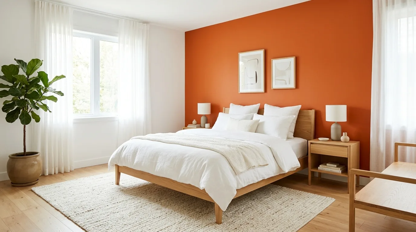 Creative bedroom with soft orange and dusty lavender walls
