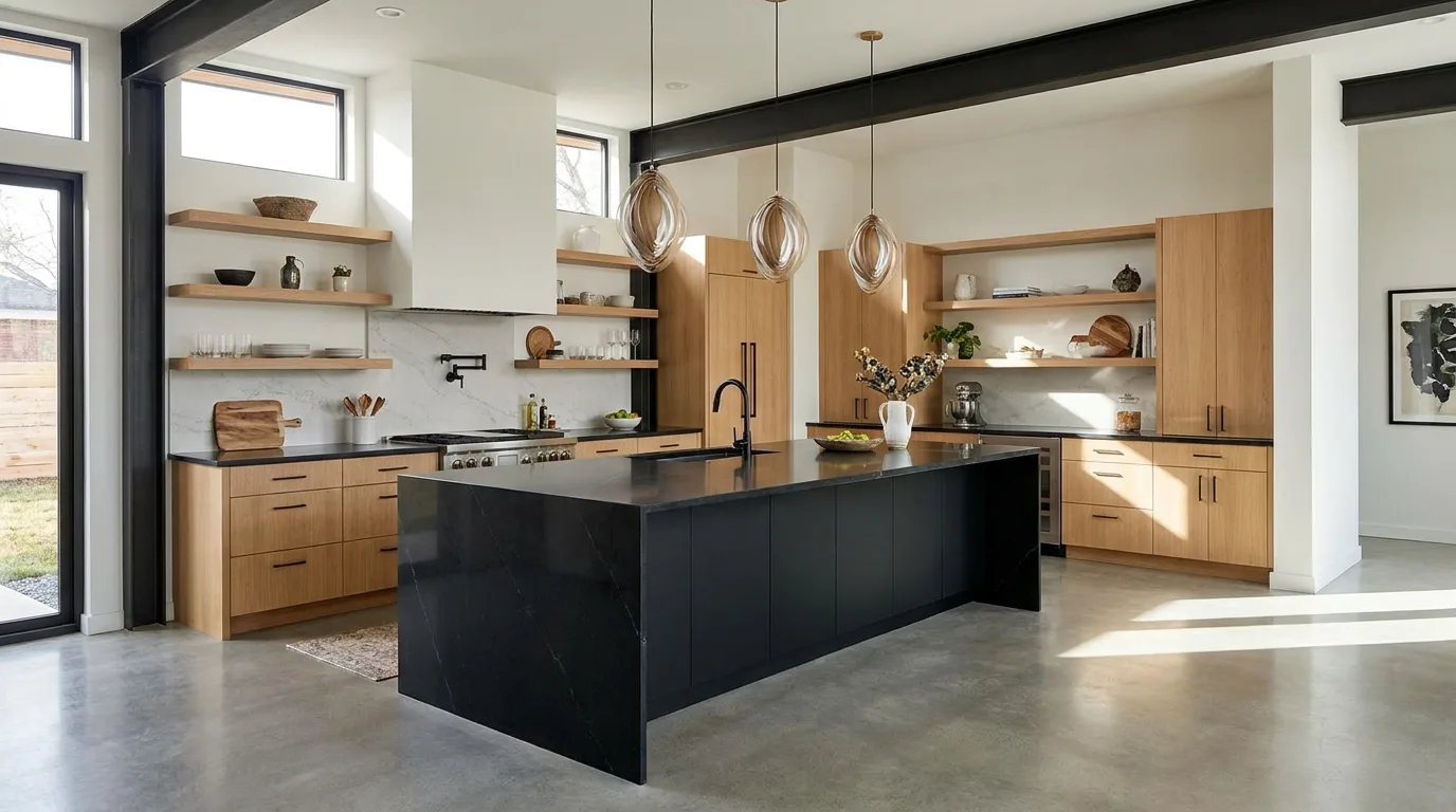 Cream cabinets contrasted with black quartz countertops