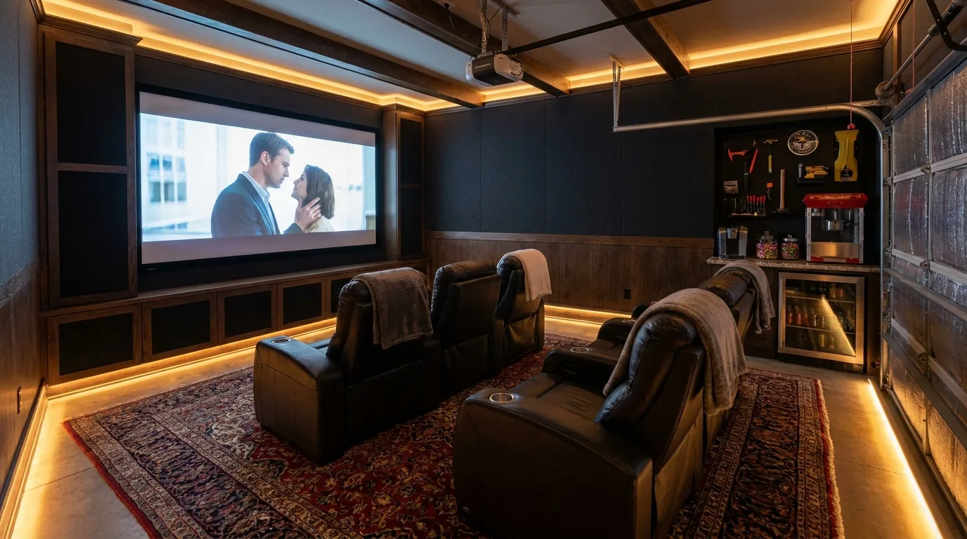 Modern garage man cave featuring a custom neon sign, sofa, beverage station, and LED lighting
