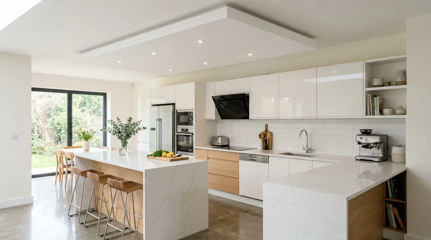 Open-plan kitchen defined by a rectangular false ceiling