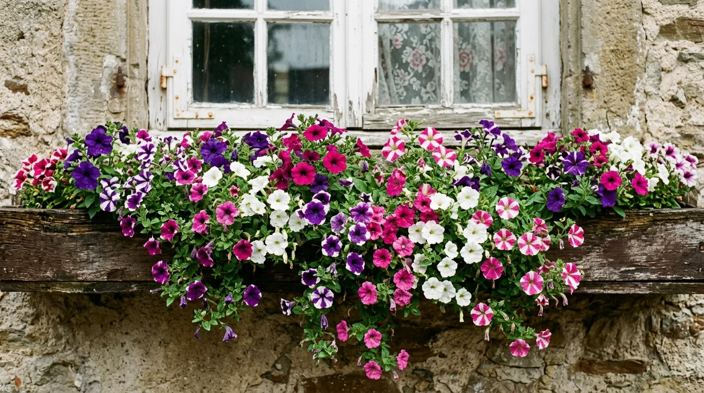Kitchen window box combining herbs and colorful flowers