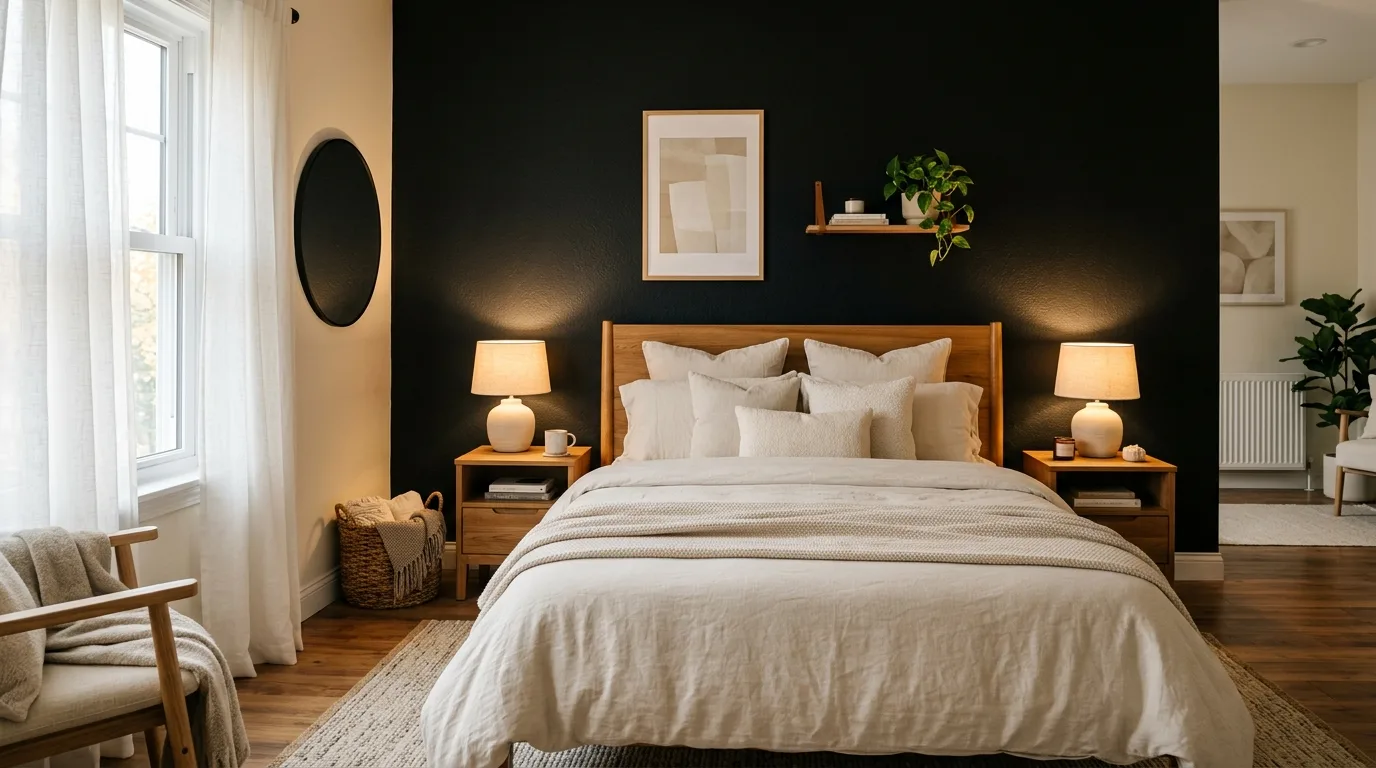 Small bright room balanced by a black accent wall