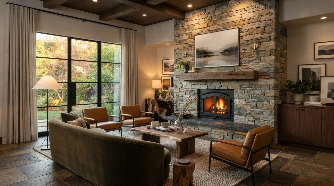 Brick-look cladding tiles forming an industrial accent wall
