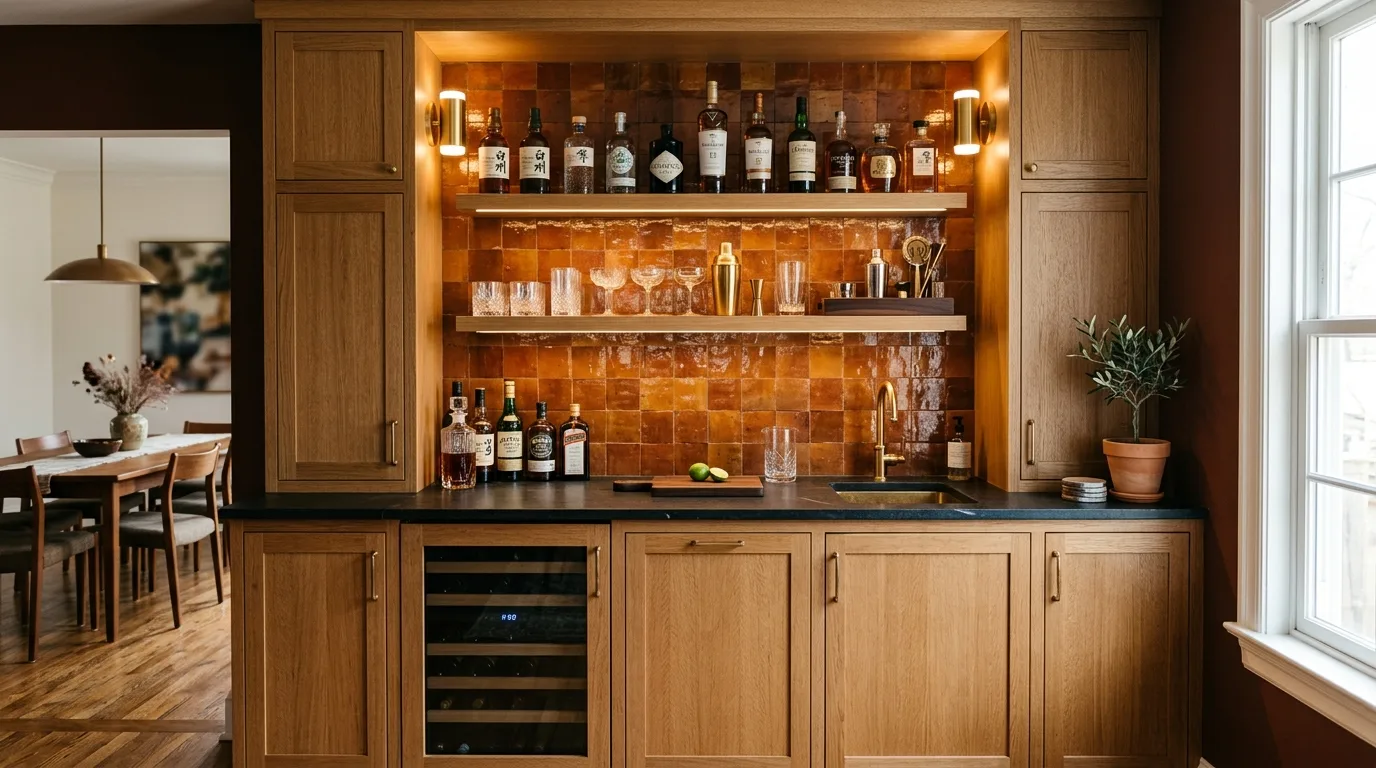 Modern organic kitchen with neutral ivory zellige backsplash and oak cabinetry
