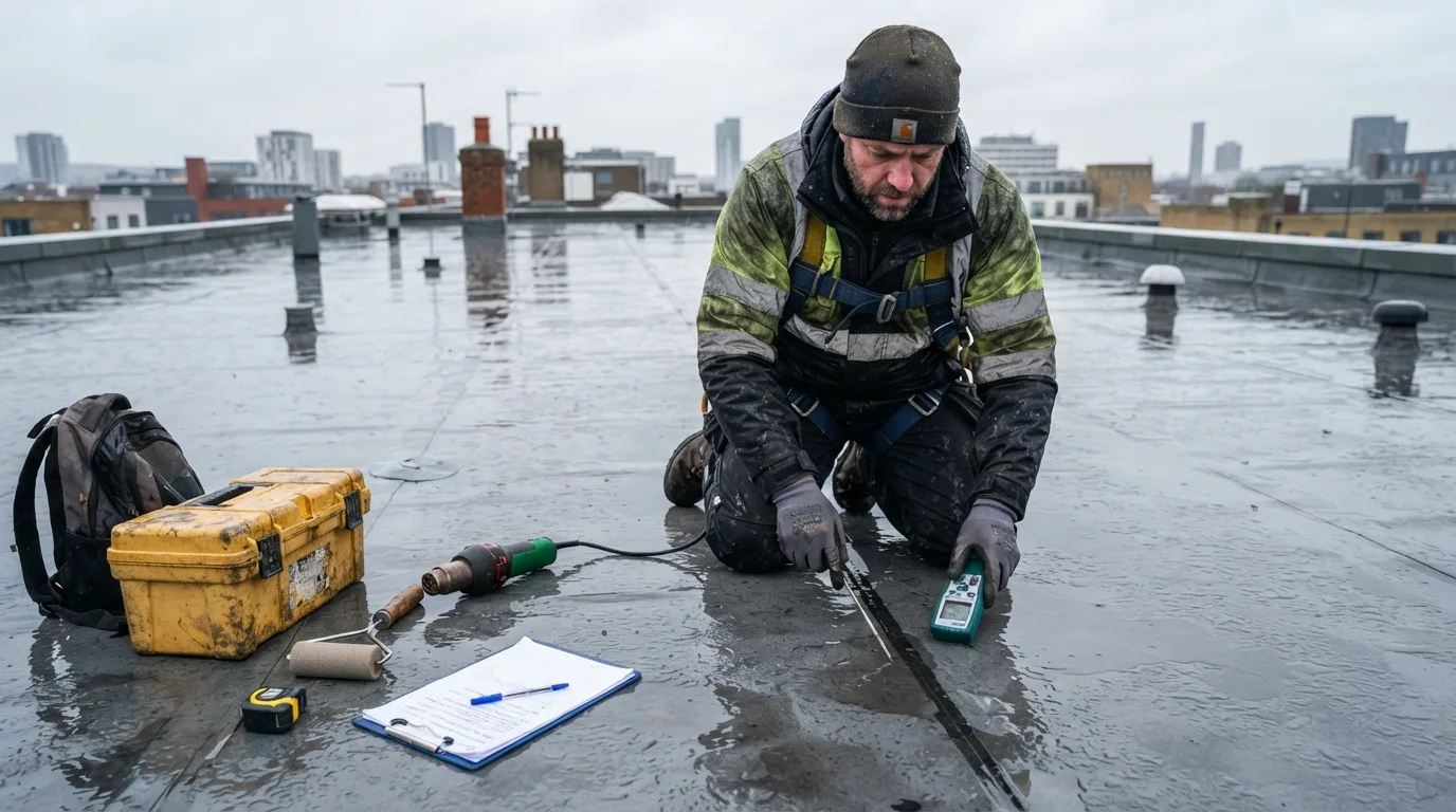 Professional roofer applying winter roof maintenance techniques
