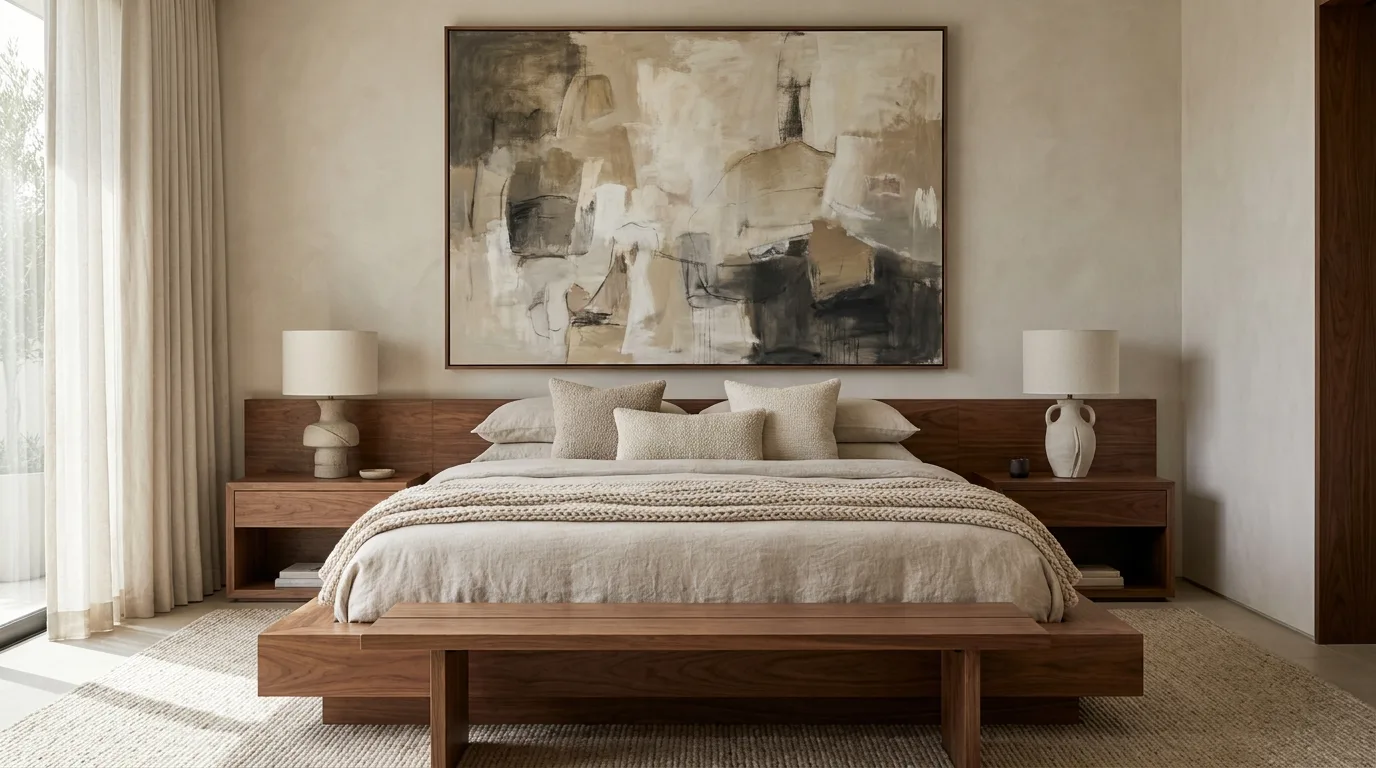 Modern bedroom with a painted arch feature behind the bed