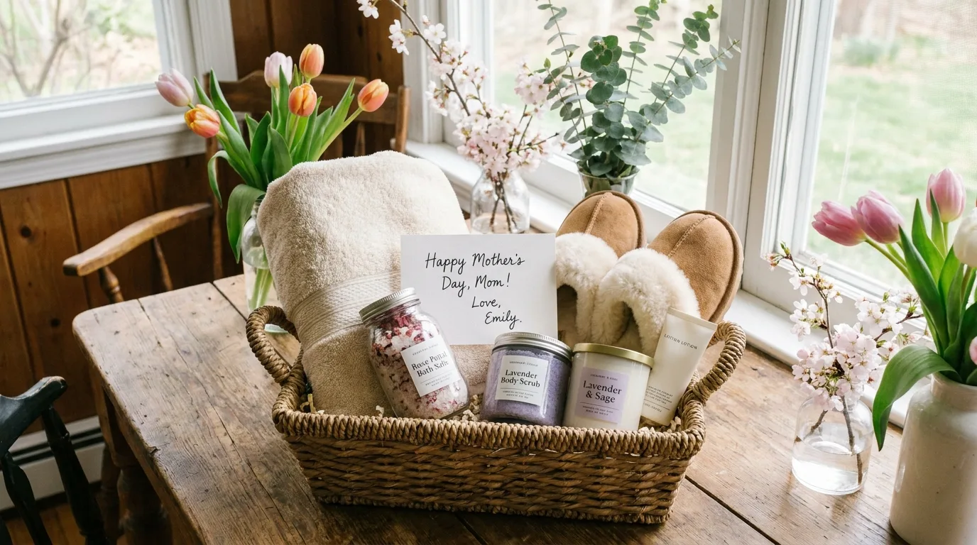 At-home getaway Mother’s Day basket with slippers, candle, tea, snacks, travel pouch, and flowers