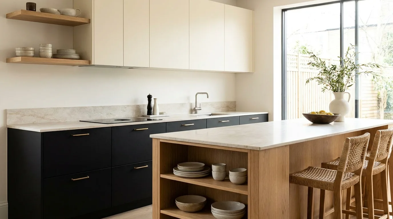 Beige and taupe two-tone kitchen cabinet design