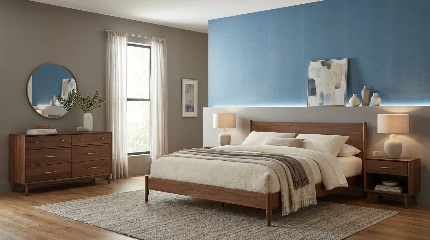 Midnight blue and soft greige bedroom walls with molding