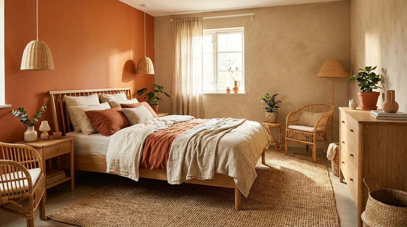 Minimalist terracotta and creamy white bedroom