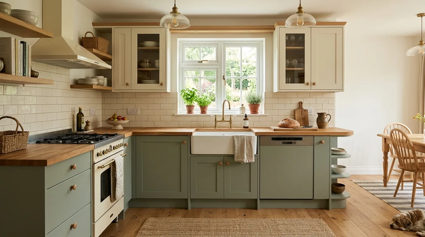 Dusty pink and light gray kitchen laminate combination
