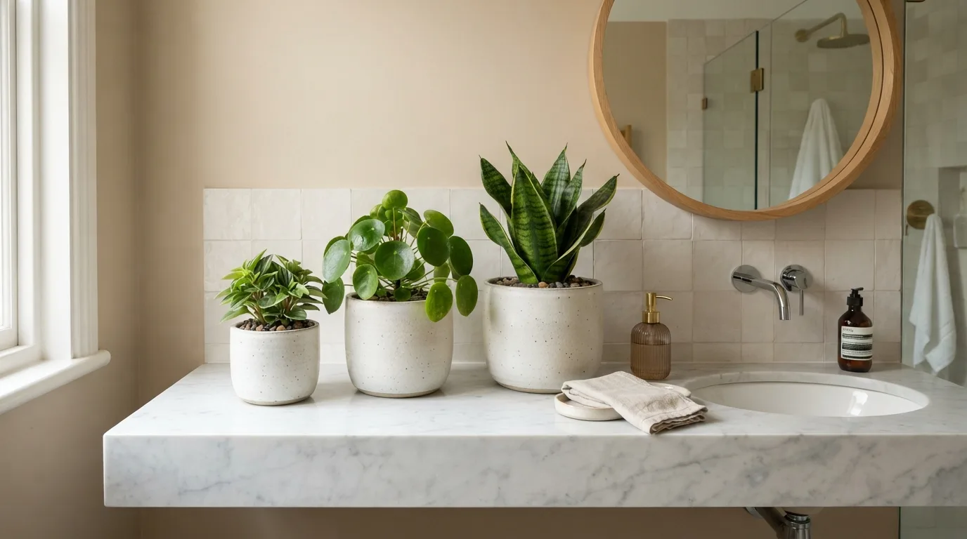 Matching planters create a coordinated bathroom plant display