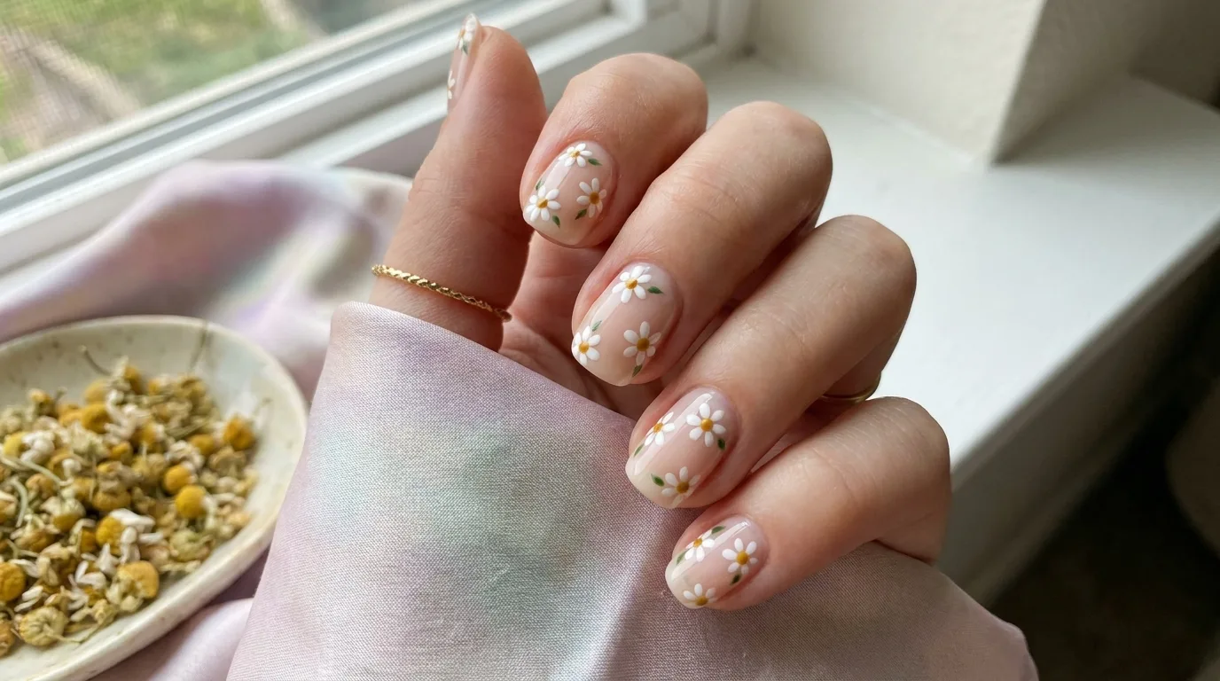 French daisy half-moon nails with delicate flowers near the cuticle