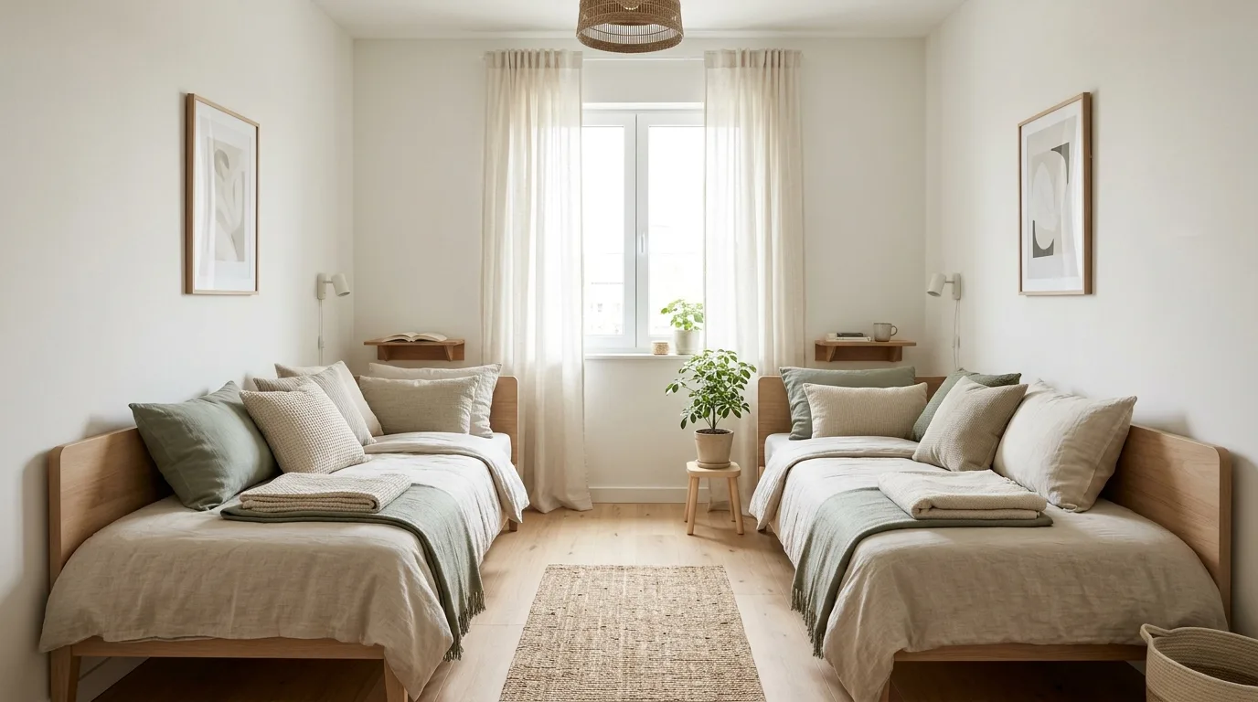 Minimalist two-bed bedroom with a calm neutral color palette