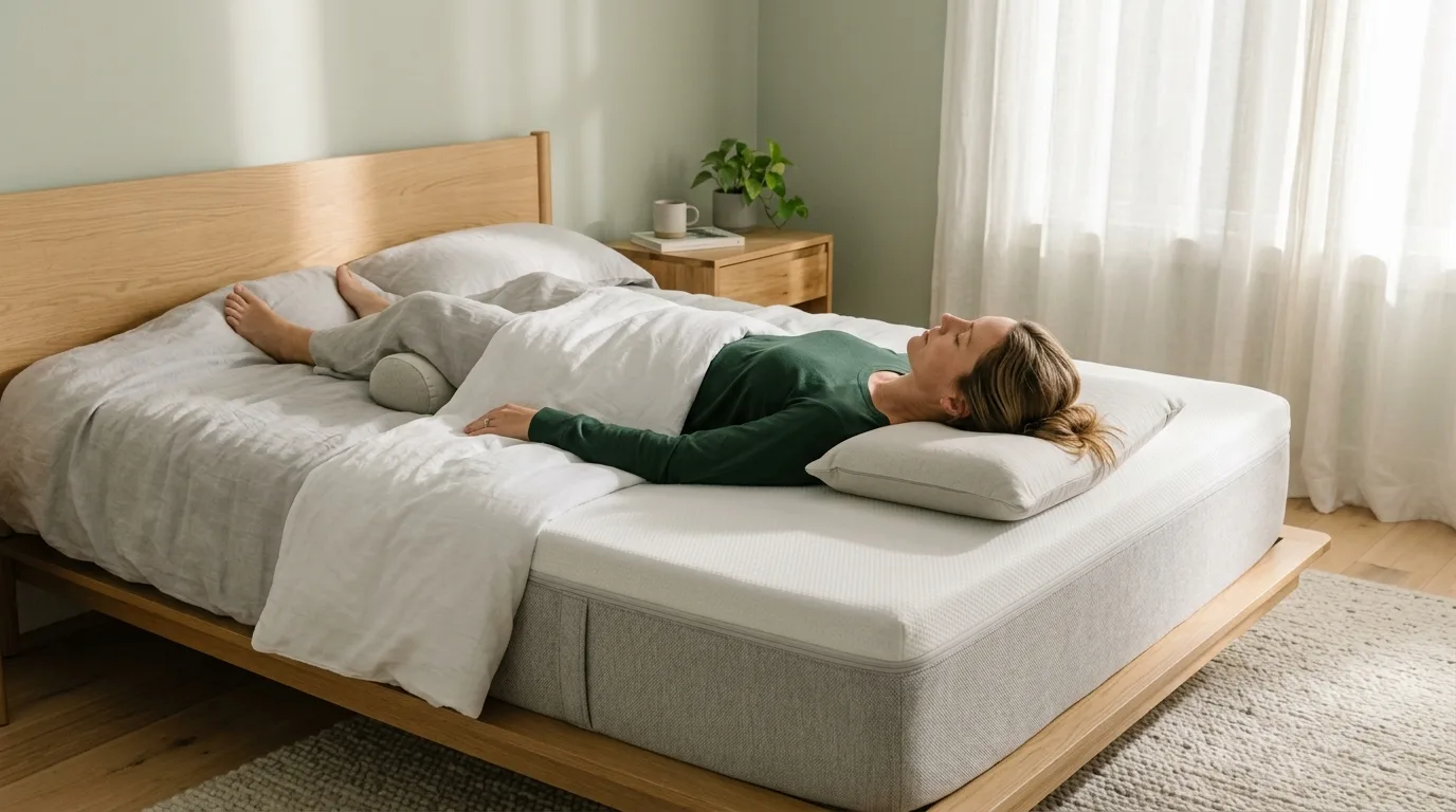Person setting up a mattress in a bedroom