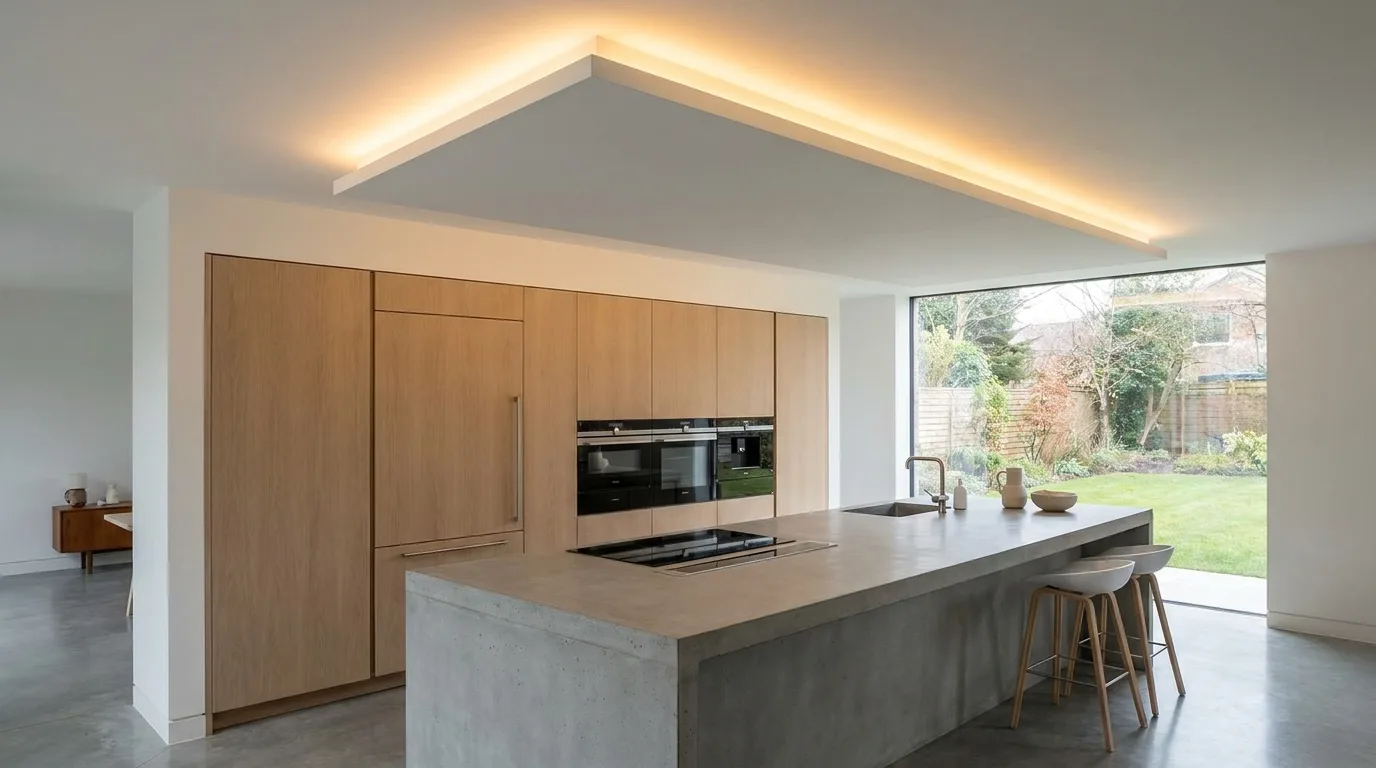 Warm modern kitchen with a slatted wood-look ceiling