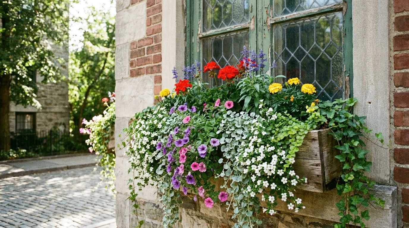 Romantic pink and white flower box beneath a cottage window