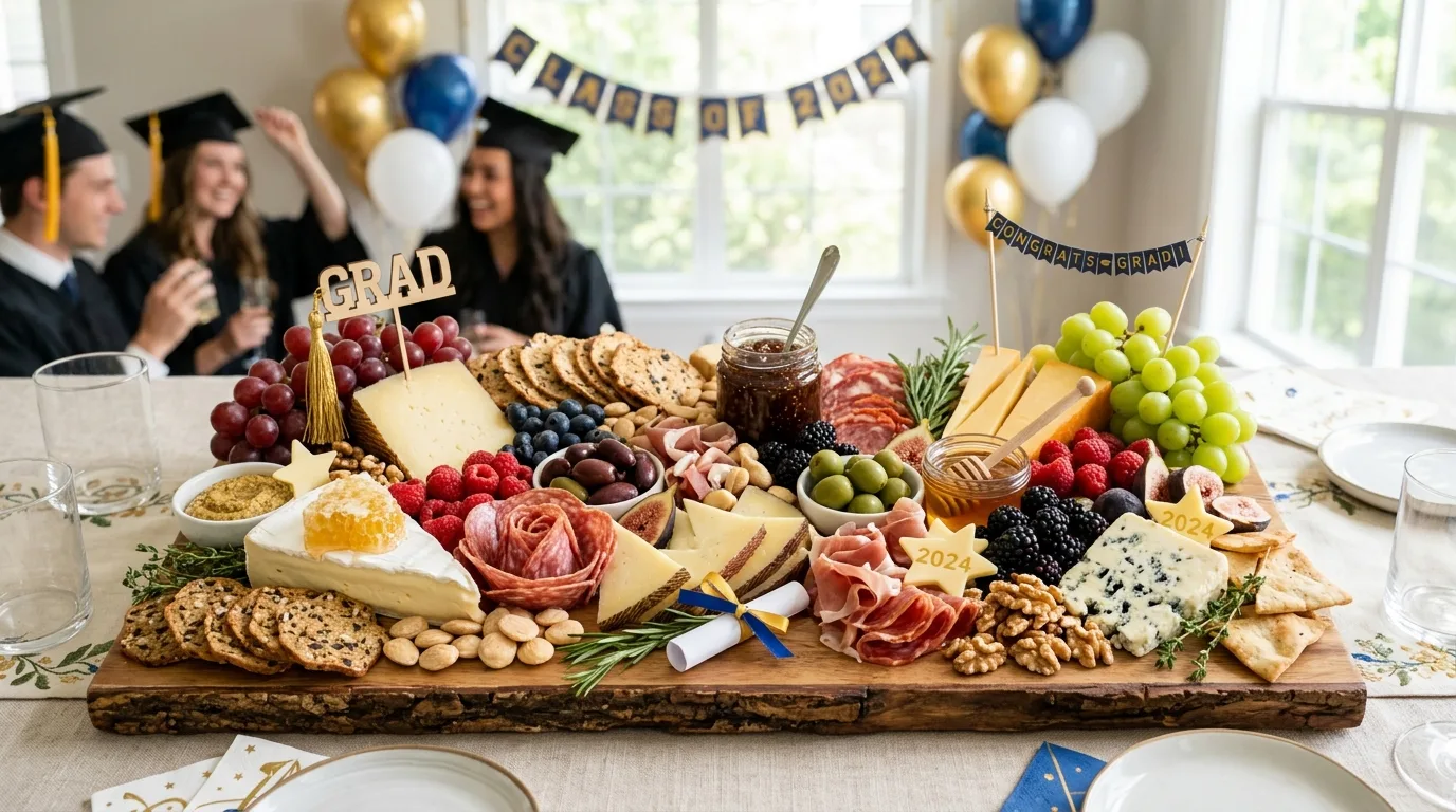Large graduation grazing table with multiple charcuterie boards, meats, cheeses, fruit, sweets, and school colors