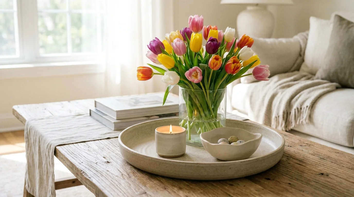 Elegant spring tray with white flowers, candles, and neutral accessories