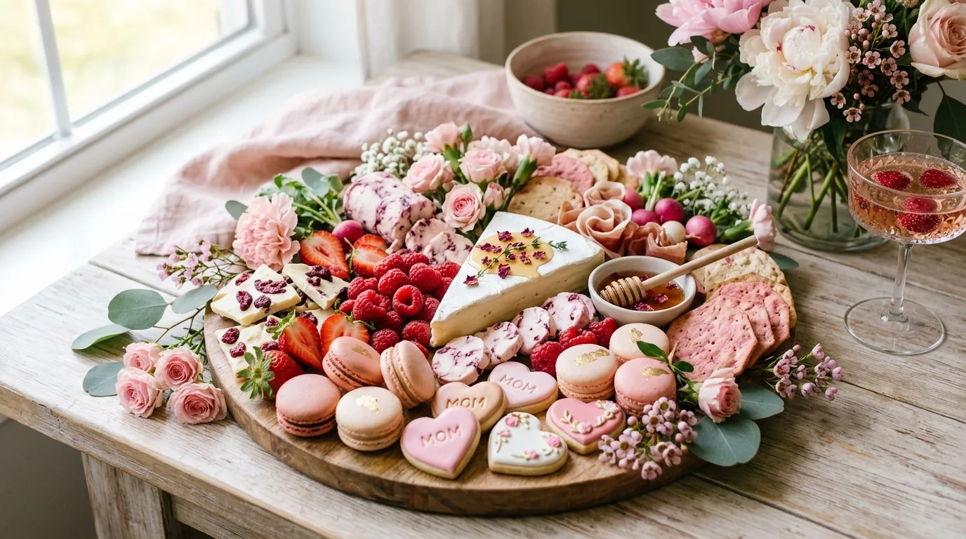 Personalized Mother’s Day charcuterie board filled with Mom’s favorite foods