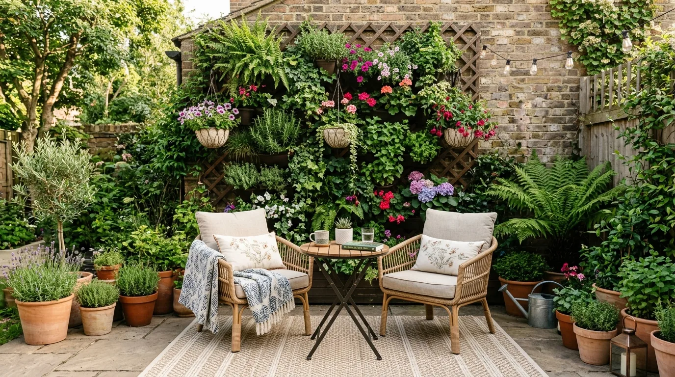 Small patio with multifunctional storage bench, nesting tables, stools, folding chairs, and plants