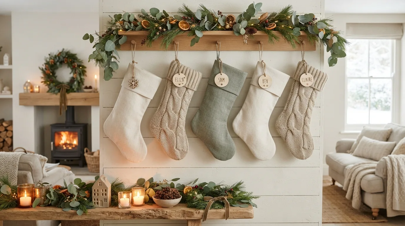 Modern Christmas stockings in neutral fabrics hanging from a simple wooden rail