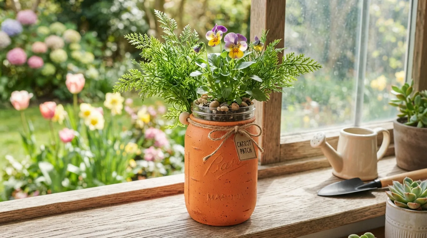 Mason jar with Easter lettering, flowers, greenery, and soft lights