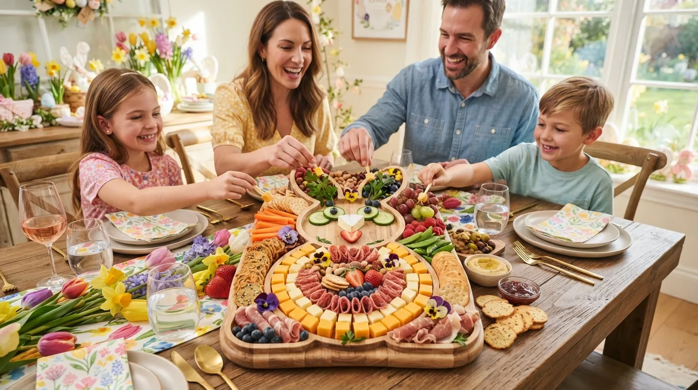 Sweet and savory Easter charcuterie board with cheese, fruit and chocolate
