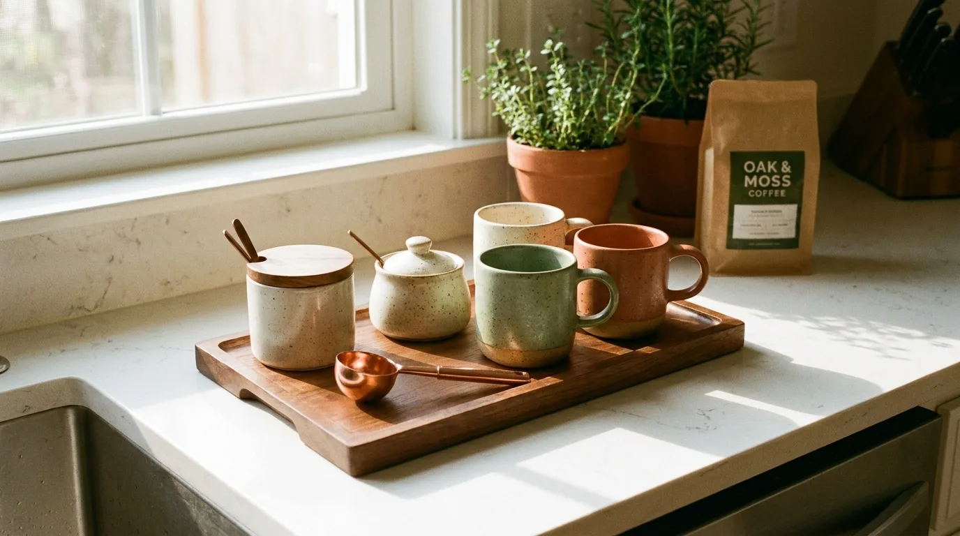 Compact tiered coffee bar arranged on a narrow breakfast nook sideboard