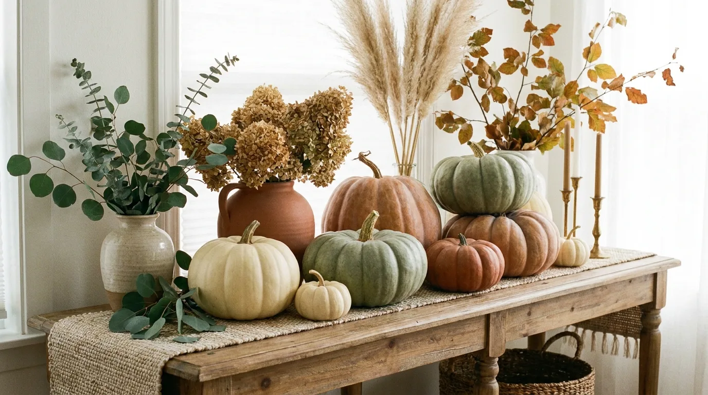 Inviting fall porch with pumpkins, mums, wreath, lantern, and bench