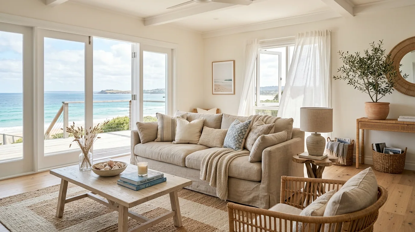 Airy uncluttered coastal living room with comfortable furniture and open space
