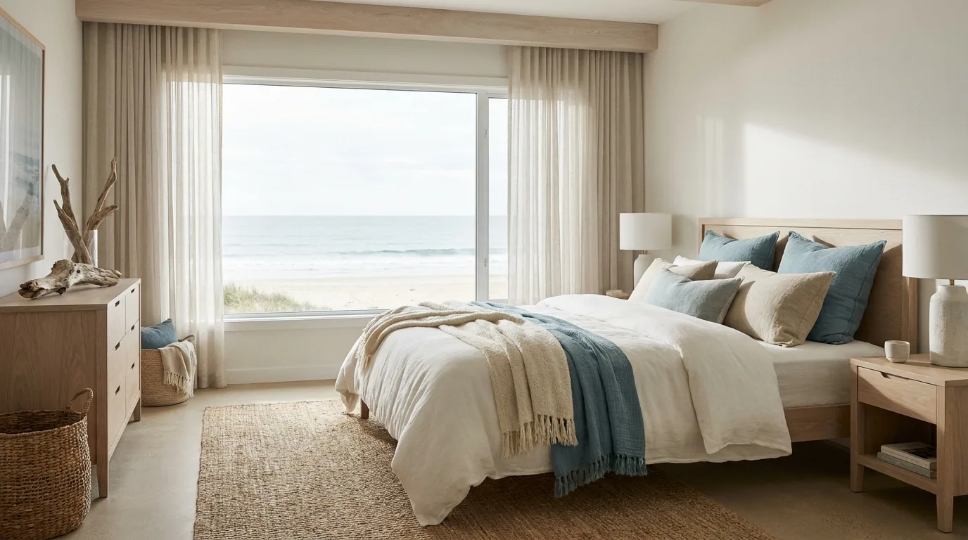 Coastal resort bedroom with a light wood canopy bed and airy white fabric