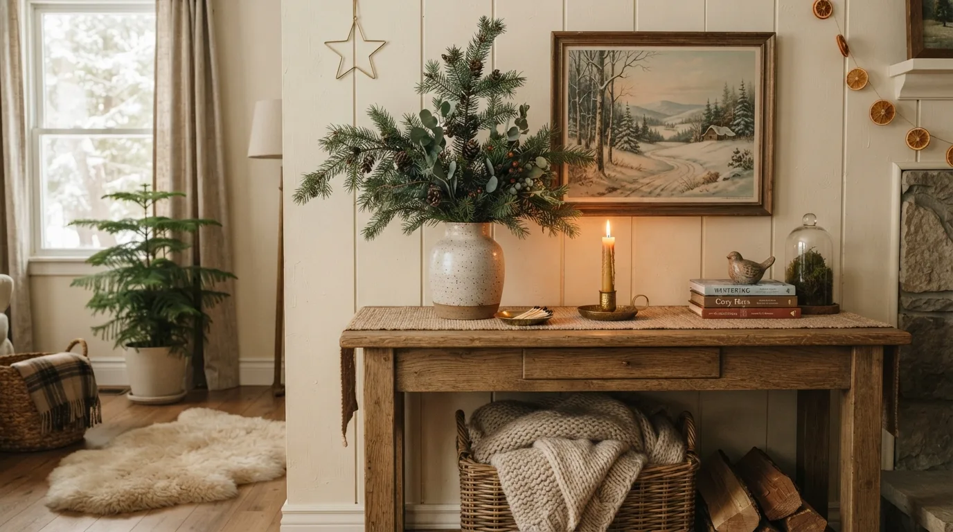 Small corner styled with simple winter greenery and seasonal accents