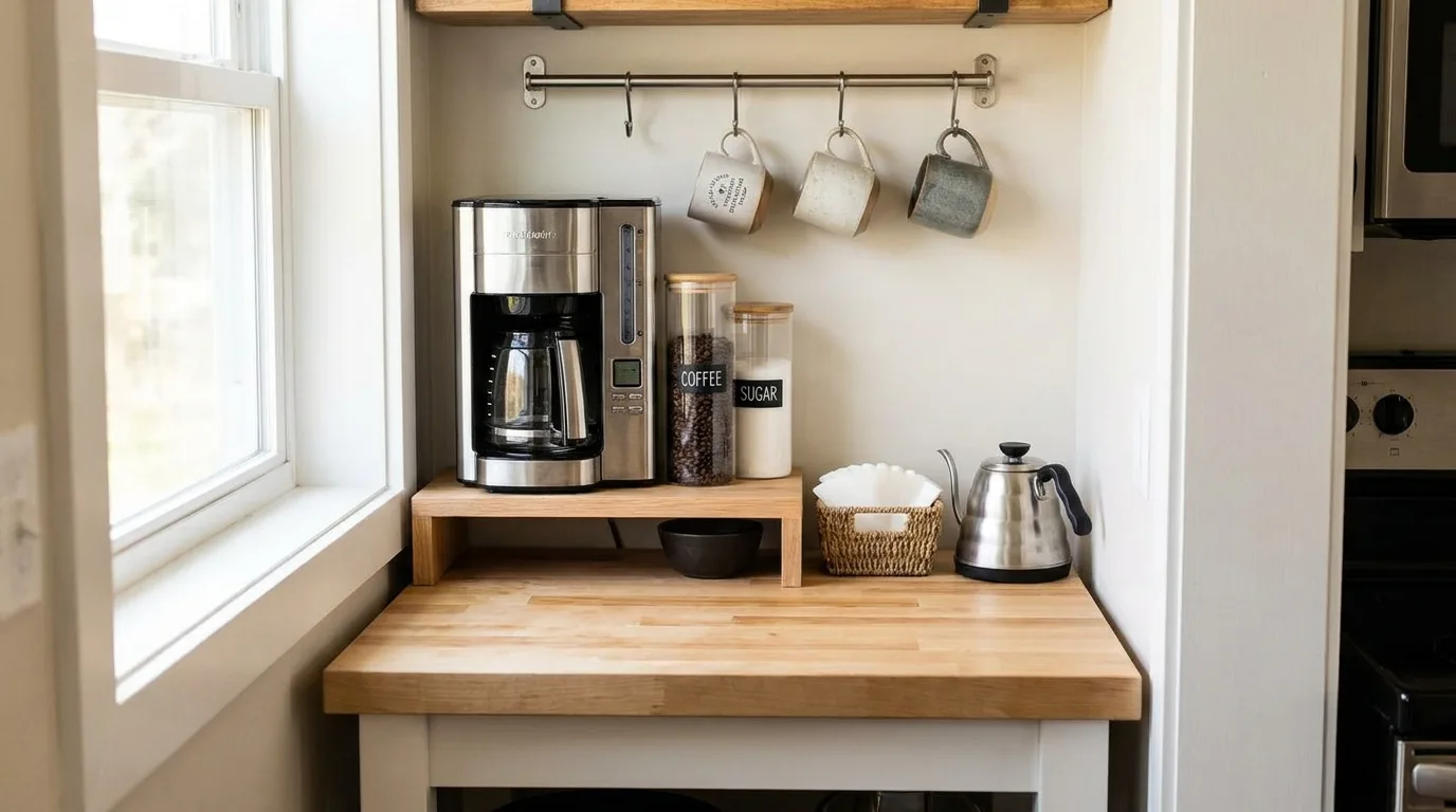 Cottage-style kitchen coffee bar with floral mugs, natural wood, and woven storage