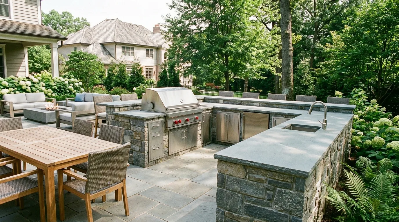 Covered outdoor kitchen with grill, dining area, durable finishes, and backyard landscaping