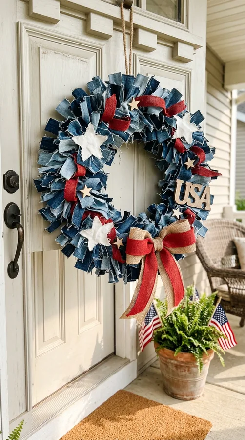 Full patriotic mesh wreath with ribbons and star accents